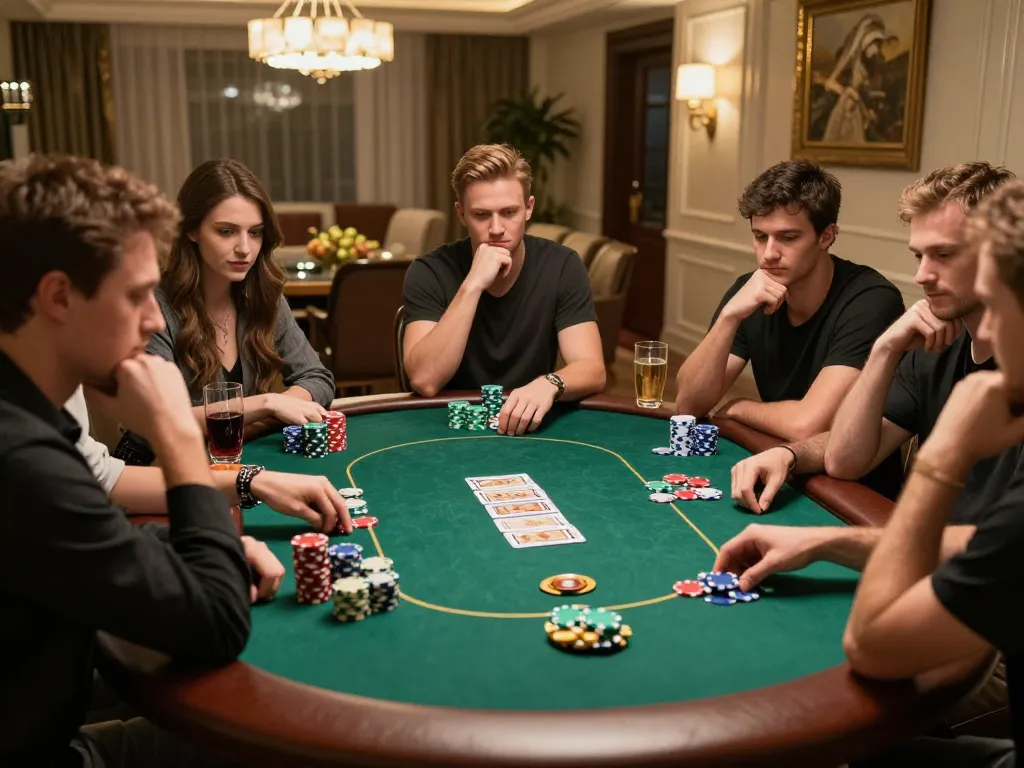 Players strategizing in an engaging poker game at home with lc88 branding in focus, vibrant scene details