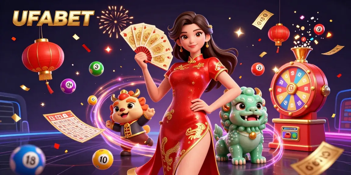 Engage with UFABET's dynamic lottery and casino experience featuring colorful elements and festive atmosphere.