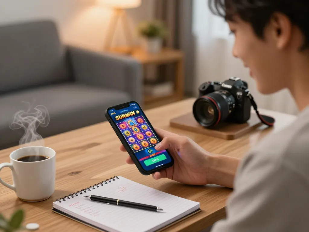 SUNWIN player enjoying mobile casino gaming, showcasing colorful slot interface in a cozy home office.
