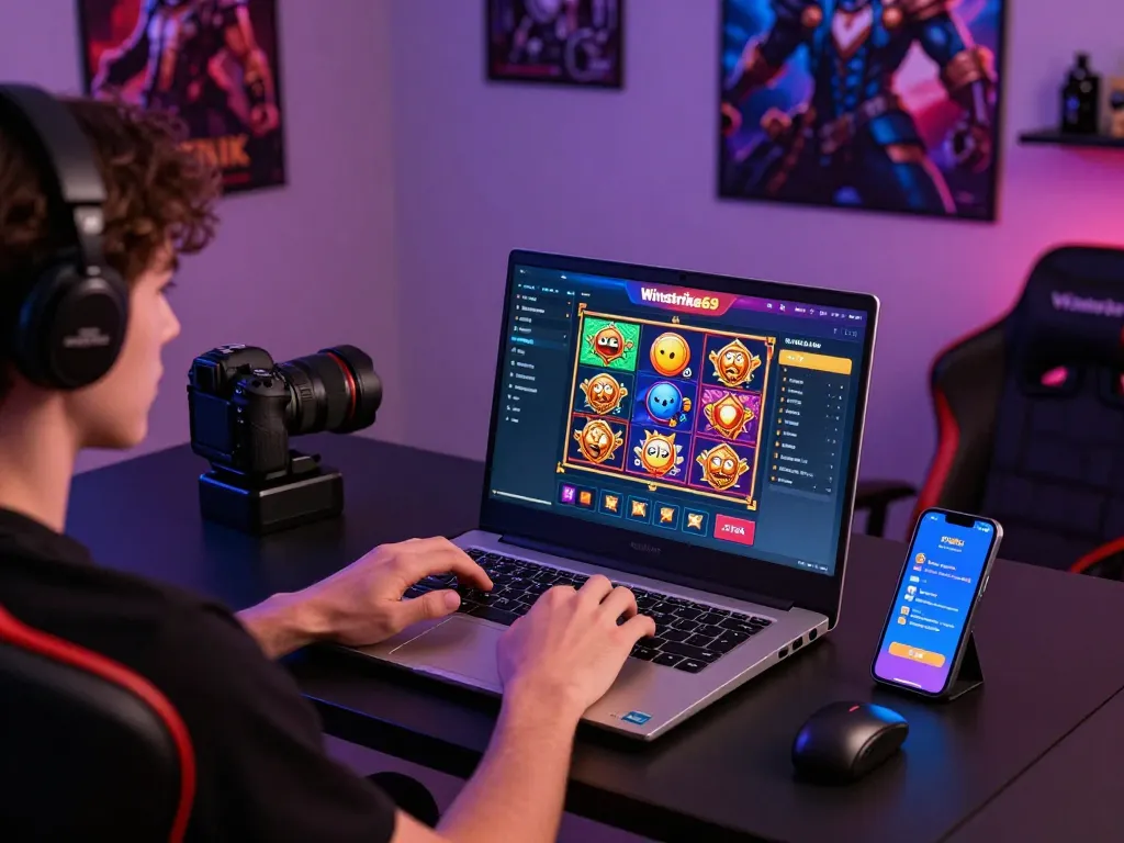 Player enjoying Winstrike69 online slots with vibrant gaming interface and cozy setup