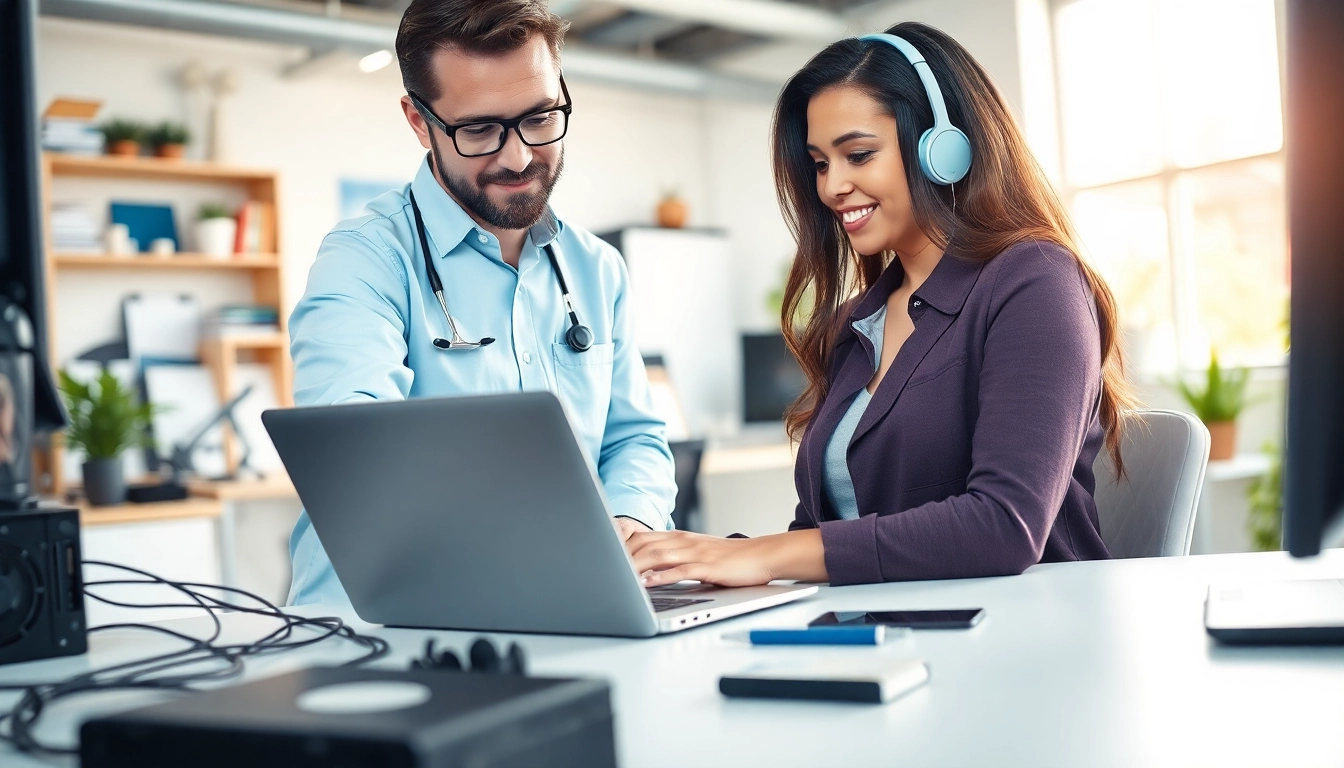 Get reliable computer help near me from a technician assisting a client.