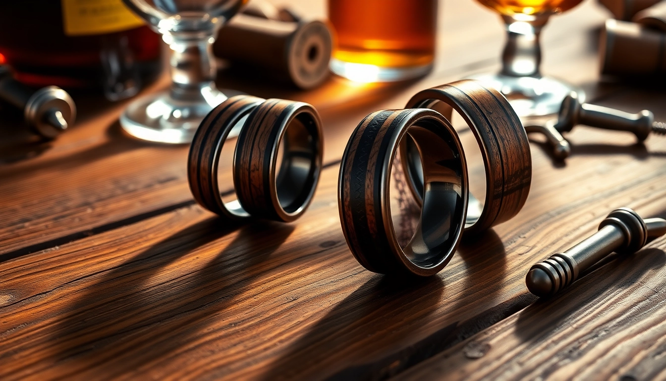 Elegant Whiskey Barrel Wedding Bands showcasing unique wood textures on a rustic table.