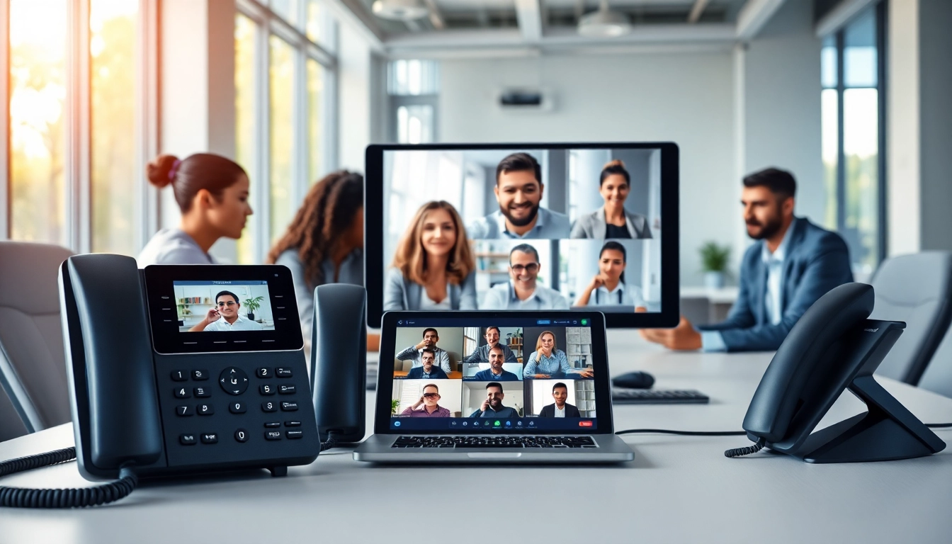 Showcasing a cloud based phone system in a professional office with diverse team collaboration.