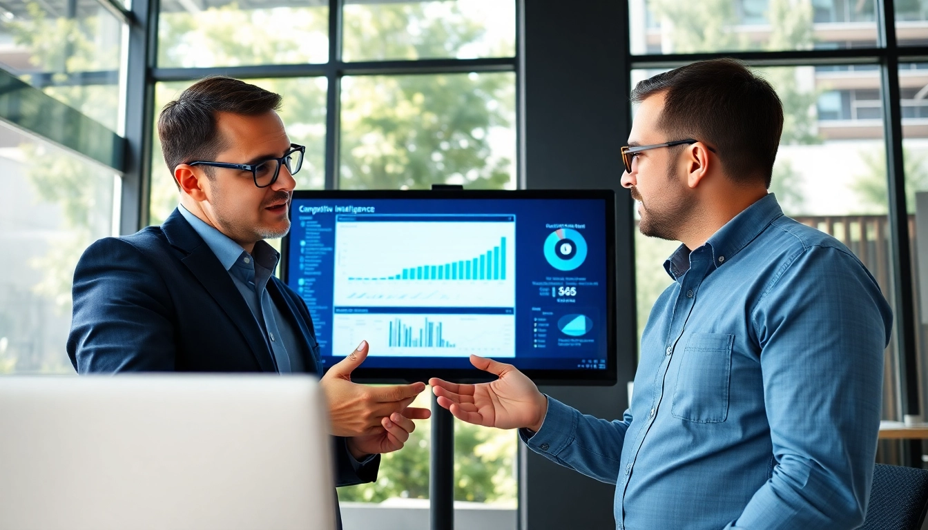 Analyze AI for competitive intelligence with a team in a modern office setting, discussing data insights.