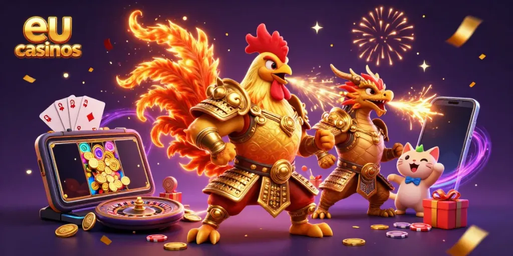 Engage with top eu casinos featuring a brave rooster warrior, dragon hatchling, and vibrant gaming elements.