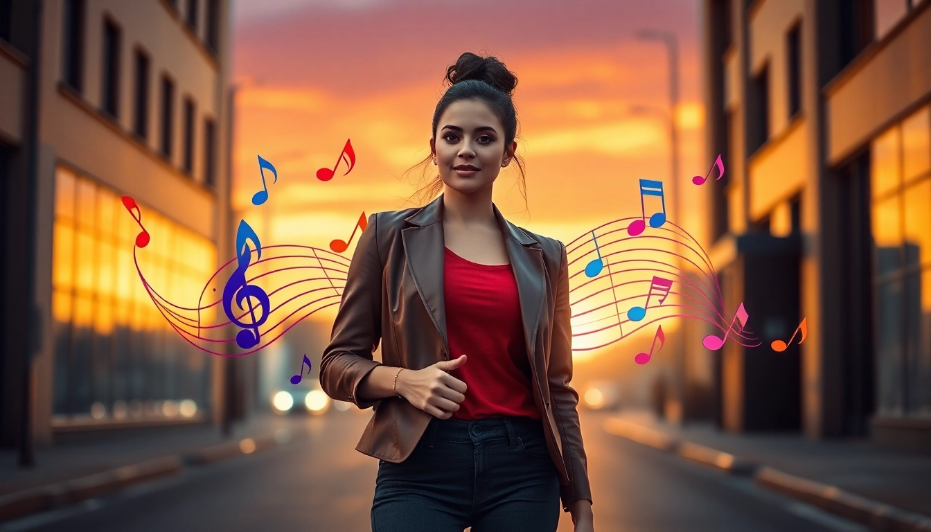 Koralive transforms urban creativity with vibrant musical elements surrounding a confident woman.