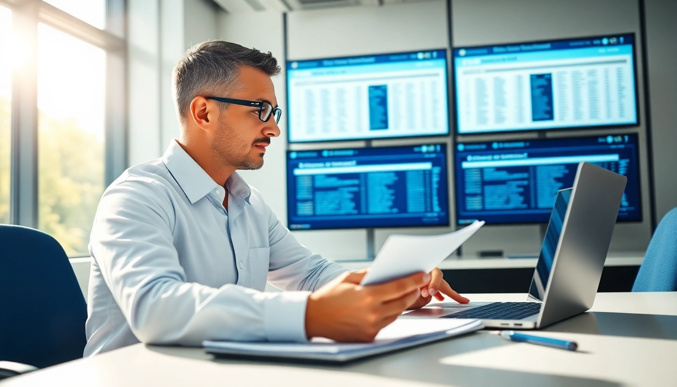 Consultant working on registration and certification in Federal databases for federal contracts at a desk.