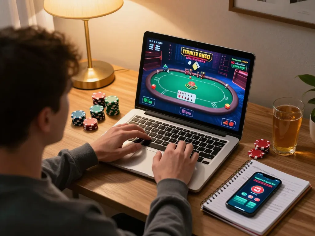 Player strategizing in front of laptop showing g28 poker game, enhancing online gaming experience.