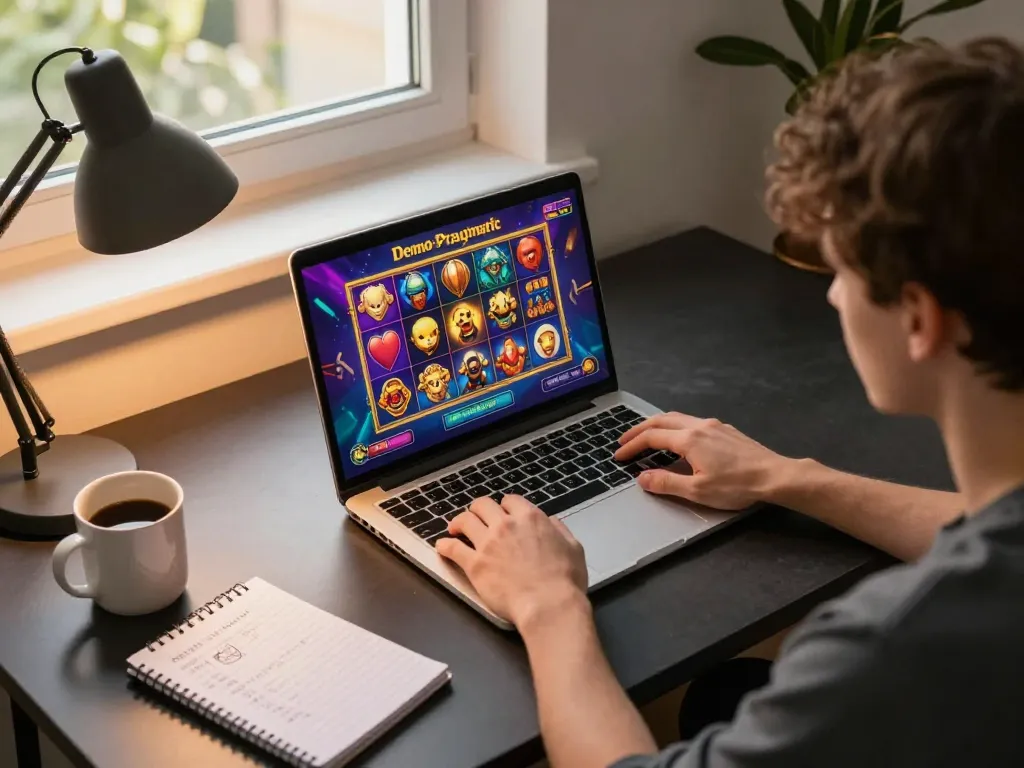 Engaging gameplay of Demo Slot Pragmatic on a home laptop with vibrant graphics and strategic notes.