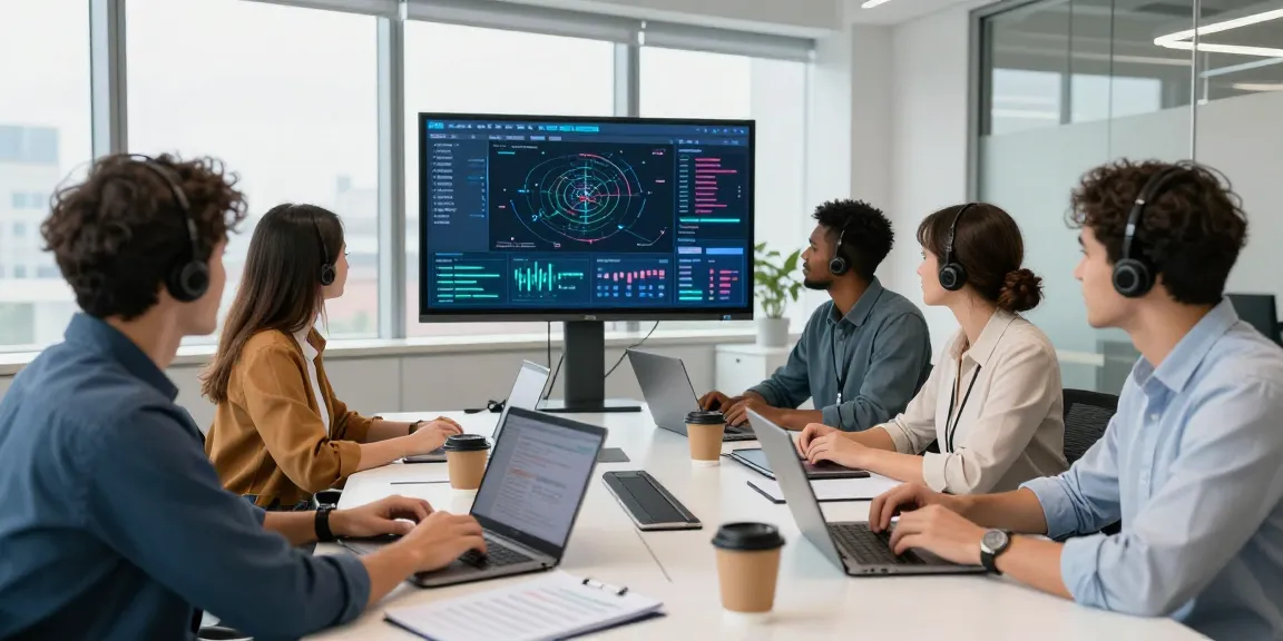 Team collaborating on IT business support solutions in a professional office setting.