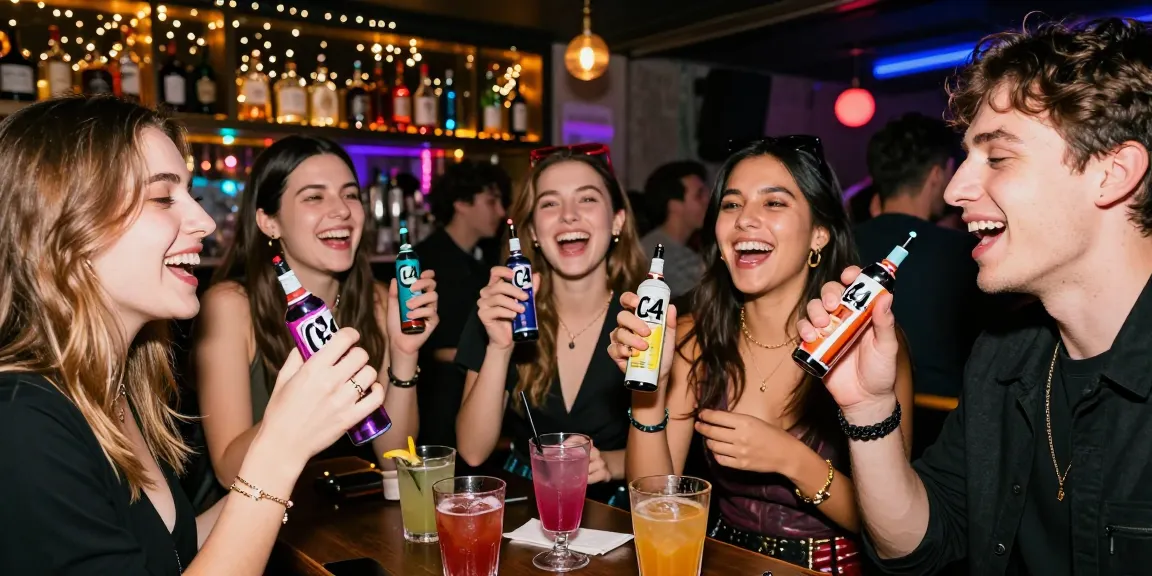 C4 poppers review scene showing friends enjoying vibrant nightlife at a trendy bar.