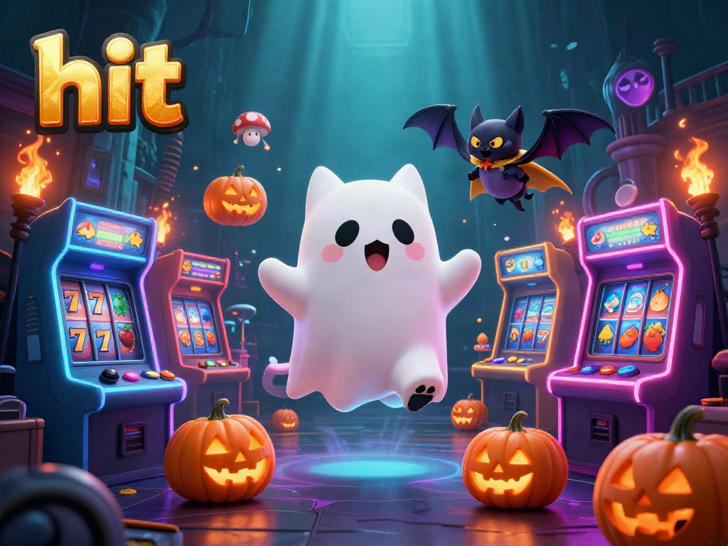 Hit-themed illustration of a ghost cat and bat in a haunted casino, surrounded by vibrant gaming elements.