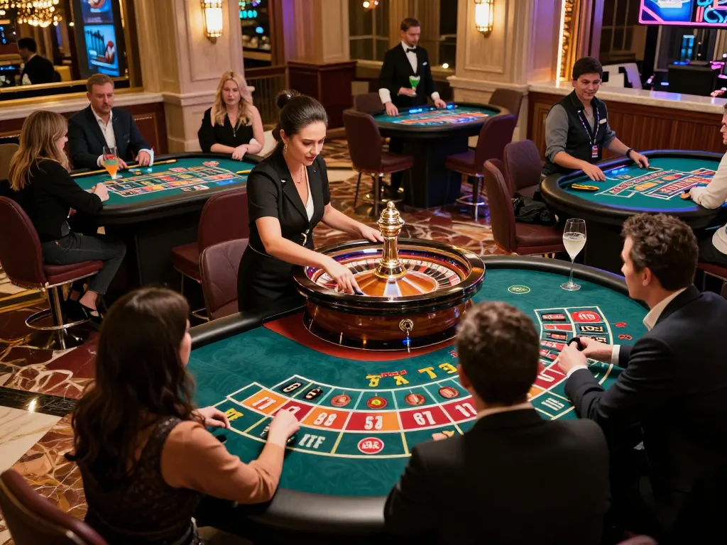 Pemain di meja roulette menikmati link gacor dengan taruhan tinggi dan suasana kasino yang hidup