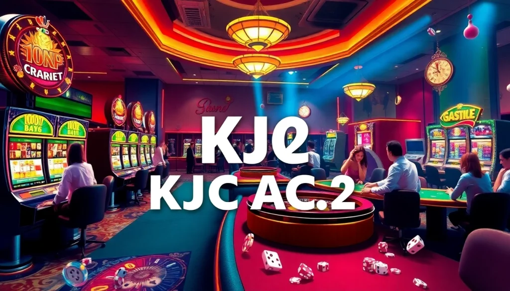 Casino gaming scene including poker tables, slots, and the keyword 'KJC AC 2' in a vibrant atmosphere.