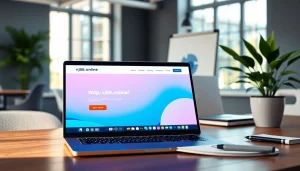 Design interface of https://vj88.online/ displayed on a laptop screen in a vibrant office setting.