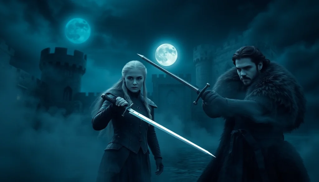 Showcasing the game of thrones cast in an intense standoff within a mystical castle setting.