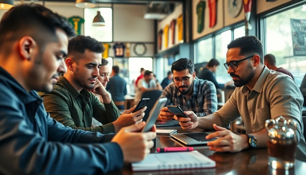 Engaged enthusiasts enjoying sports betting Brazil in a lively café filled with excitement.