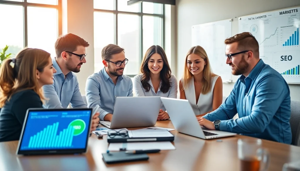 SEO agency team brainstorming strategies in a vibrant office space.