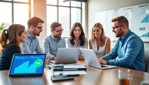 SEO agency team brainstorming strategies in a vibrant office space.