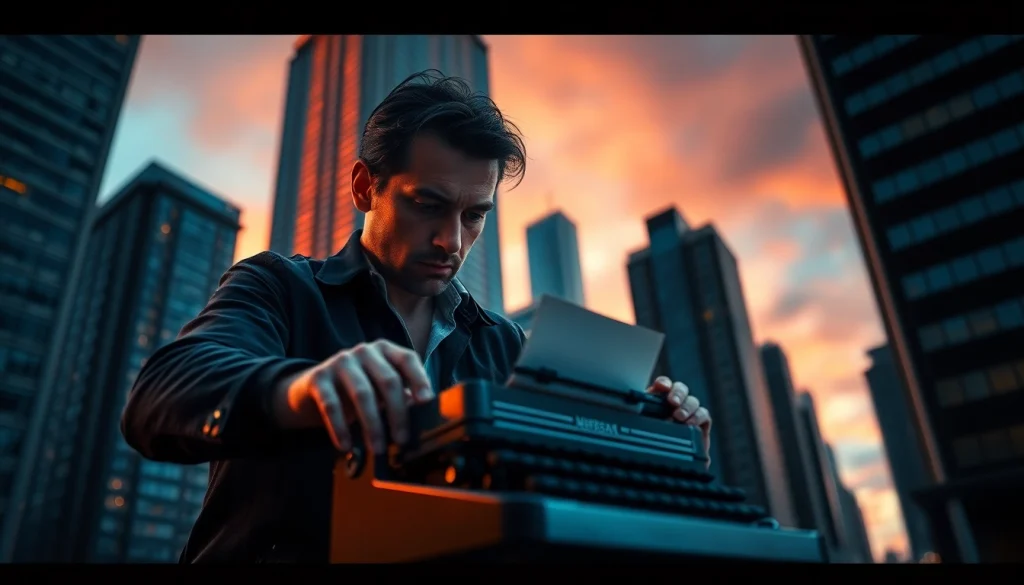 Captivating moment of an action thriller author creating in a dynamic urban atmosphere.