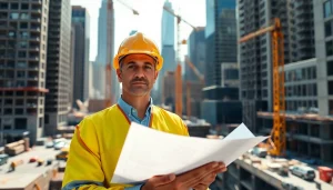 New York Construction Manager overseeing a vibrant construction site in NYC with cranes and workers.