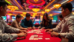 Menampilkan bandar togel yang menghibur dengan pemain bersemangat di meja permainan.