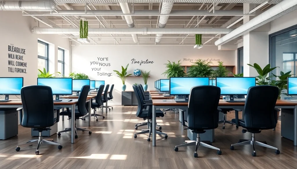 Engaged professionals typing at a vibrant typing center with modern amenities.