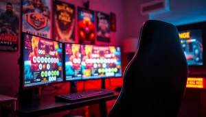 Menampilkan bandar toto terpercaya pada setup permainan yang menegangkan dengan monitor berwarna cerah.