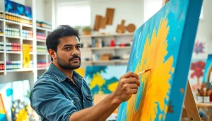 Canvas kunstwerken van een professionele kunstenaar in een kleurrijke studio creëren.