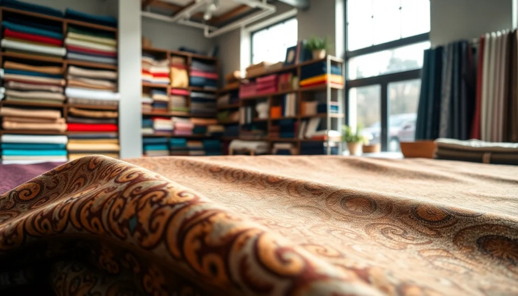 Punta di Roma textielpresentatie in een moderne stoffenwinkel met rijke patronen.