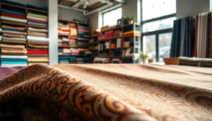 Punta di Roma textielpresentatie in een moderne stoffenwinkel met rijke patronen.