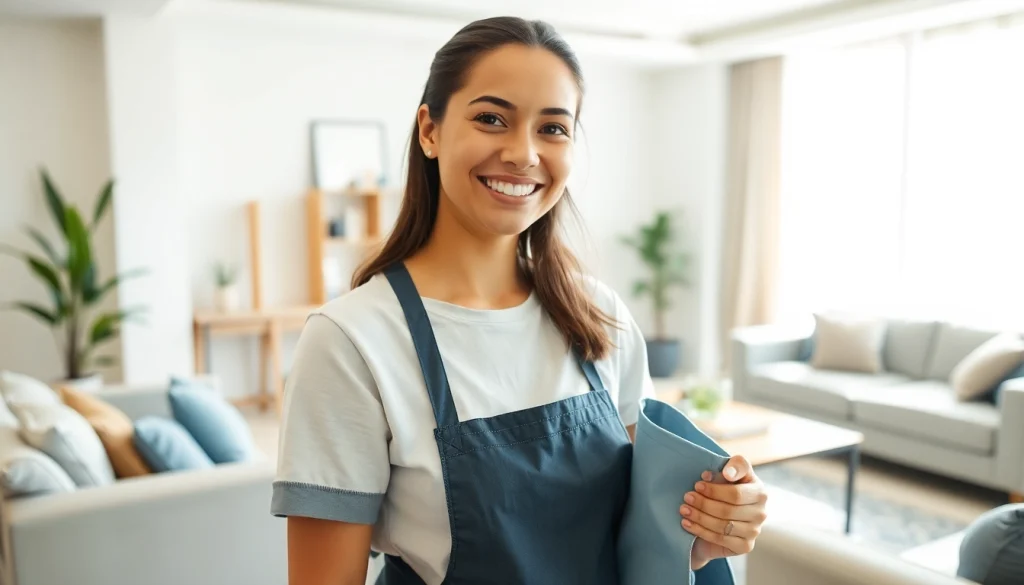 Engaging Maid Dubai providing exceptional housekeeping services in a bright apartment setting.