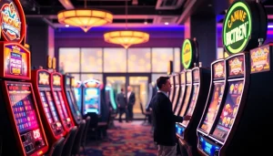 Menampilkan suasana bandar togel resmi slot dengan berbagai mesin slot dan tiket lotere di kasino.