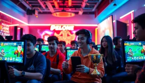 Menampilkan pemain yang terlibat dalam bandar bola game di latar yang penuh warna.