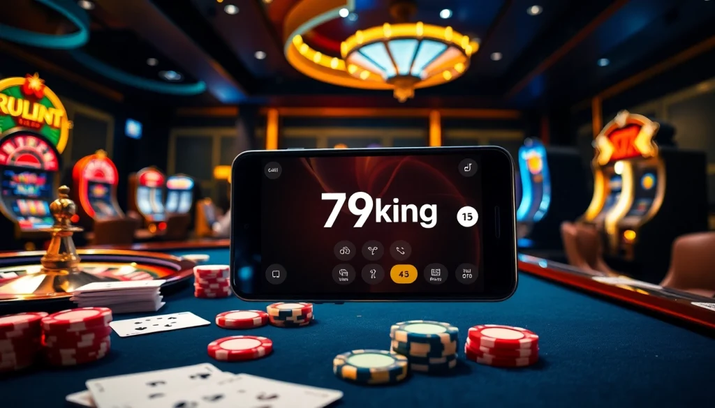 Engage with the 79king app on a vibrant casino setup featuring poker chips and slot machines.