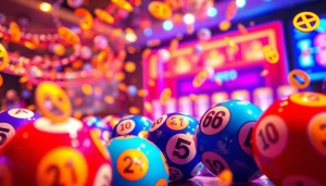 Menghadirkan toto togel resmi dengan bola lotere berwarna-warni dan tiket bersinar di latar belakang.