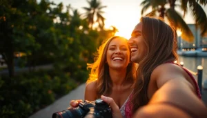 A professional photographer captures a joyful moment between a couple in Tampa during sunset, showcasing their love.