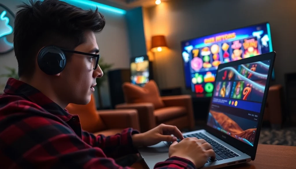 Menampilkan pemain yang bersemangat memainkan bos88 dalam suasana gaming yang nyaman.