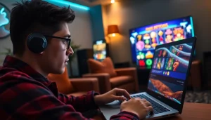 Menampilkan pemain yang bersemangat memainkan bos88 dalam suasana gaming yang nyaman.