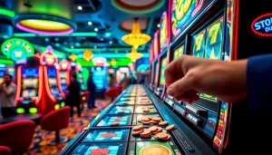 Menyaksikan permainan situs slot yang menyenangkan dengan mesin slot penuh warna dan pemain bersemangat.