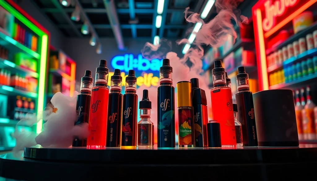 Erleben Sie elf bar elfa in einer farbenfrohen Vape-Shop-Darstellung mit kreativen Vape-Produkten.