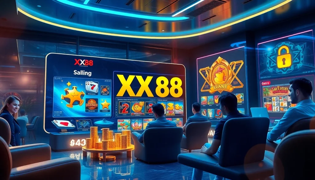 Experience online gaming at https://xx88.pizza/ with vibrant graphics of popular casino games in a modern setting.