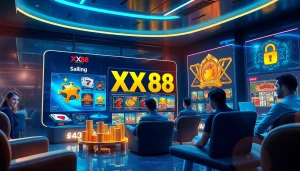 Experience online gaming at https://xx88.pizza/ with vibrant graphics of popular casino games in a modern setting.