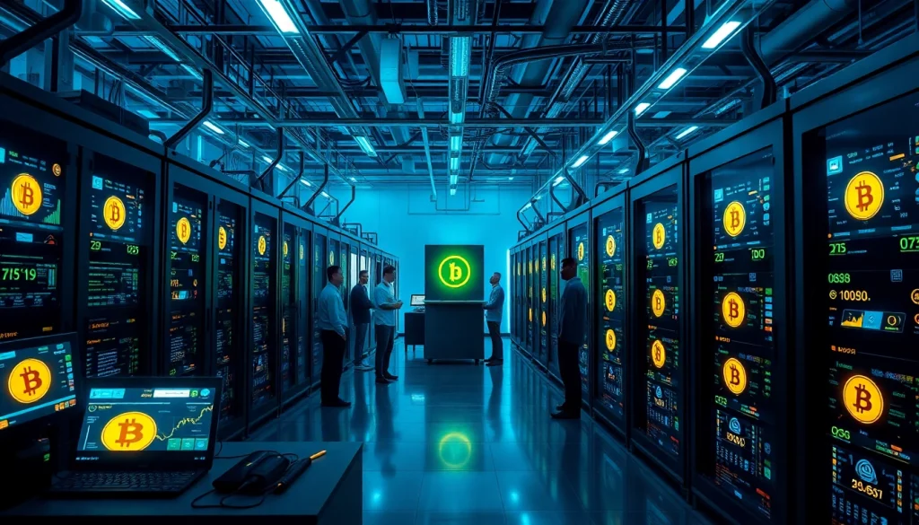 Modern bitcoin cloud mining facility showcasing innovative technology and diverse technicians monitoring activity.