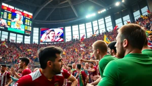 스포츠중계 중인 경기에서 선수들과 관중들의 뜨거운 응원을 담은 장면입니다.