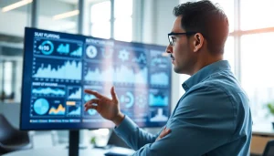 Analyze technology trends with a professional expert surrounded by dynamic data visualizations.