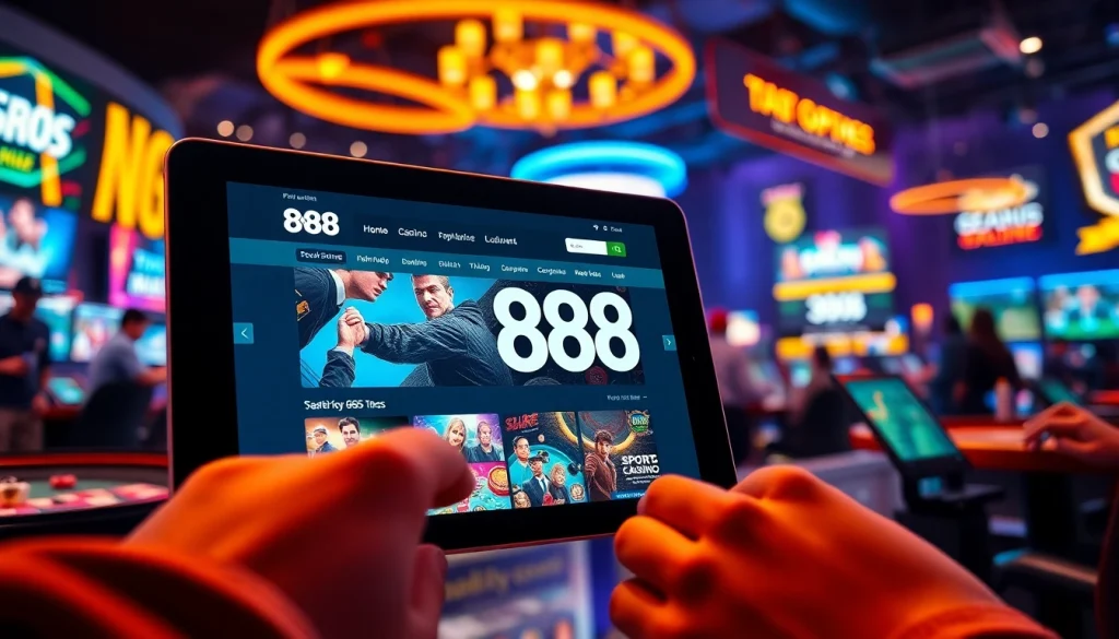 Exciting online gaming experience at 888 New with vibrant visuals of sports betting and casino games.