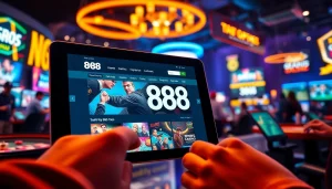 Exciting online gaming experience at 888 New with vibrant visuals of sports betting and casino games.