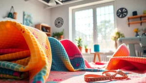 Wafel katoen in een kleurrijke stoffenwinkel met details van patronen en texturen.