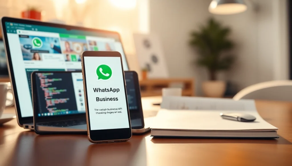 Engaging visual depicting the whatsapp business api on a smartphone amidst a professional workspace.